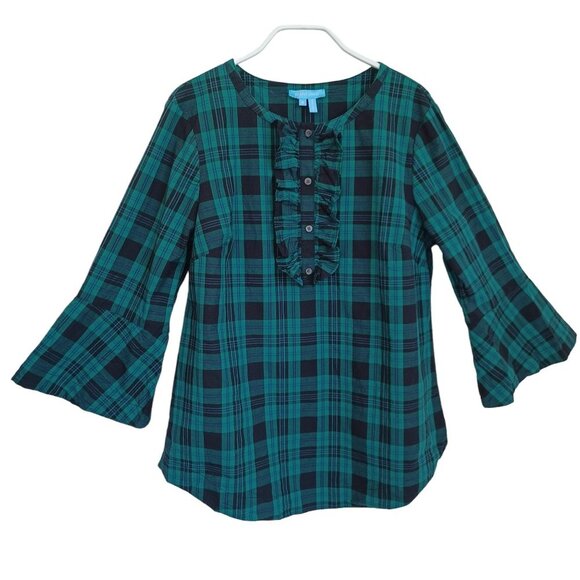 Draper James Plaid Blouse Green Tartan Ruffle Detail Womens size Small - Picture 10 of 11